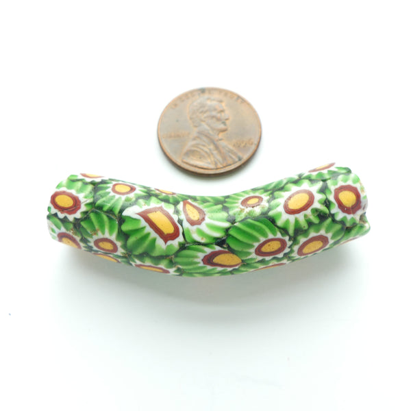 Millefiori Antique Venetian Trade Bead, Elbow, Green Chevrons with Amber/Red, 46x12