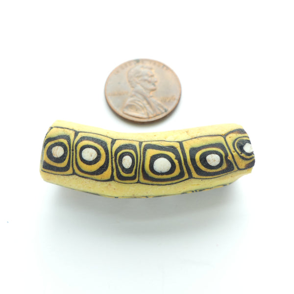 Millefiori Antique Venetian Trade Bead, Elbow, Yellow, Black & White, 39x13mm