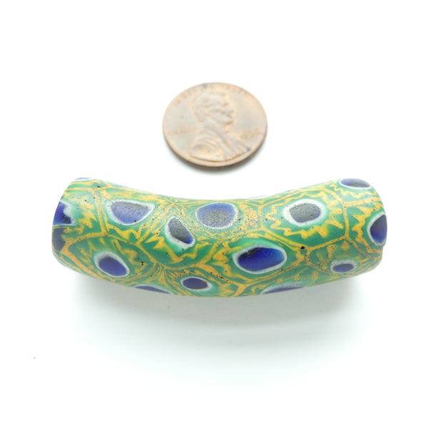 Millefiori Antique Venetian Trade Bead, Elbow in Green, Blue & Amber, 45x13mm