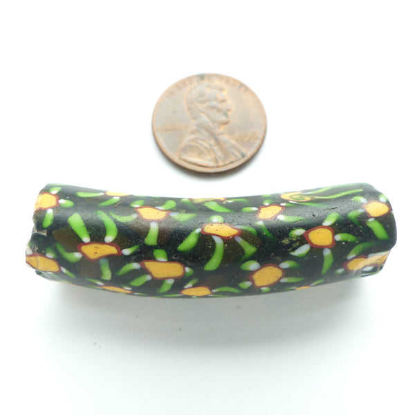 Millefiori Antique Venetian Trade Bead, Elbow, Dark & Medium Green with Amber, 46x13mm