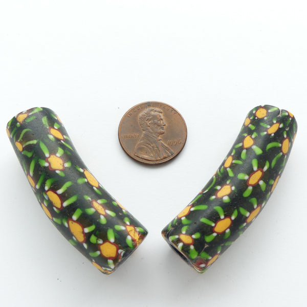 Millefior Antique Venetian Trade Bead, Elbow Greens and Amber, 40x13mm, Sold as Pair