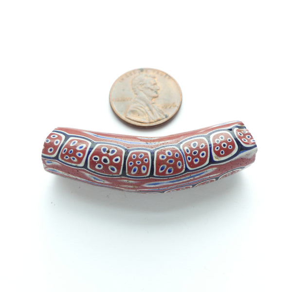 Millefiori Antique Venetian Trade Bead, Elbow, Red/White/Blue Dots w/in Dots, 45x12mm