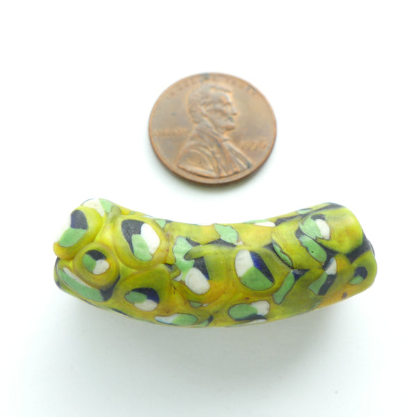 Millefiori Antique Venetian Trade Bead, Elbow, Black, White & Green Pie Murrine, 36x12mm