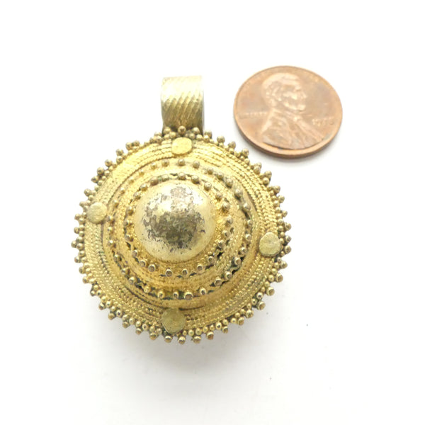 Ethiopian Wedding Pendant, Vintage Silver with Gold Plating, Round 30mm Diameter