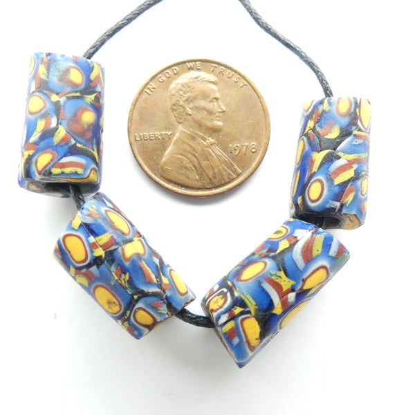 Millefiori Antique Venetian Trade Beads, Blues w/ Amber and Red, Set of 4 Matched Beads