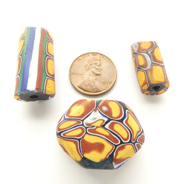 Millefiori Antique Venetian Trade Beads, Mix Set of 3 Including one Tabular, Mostly Amber