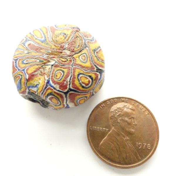 Modified Millefiori Trade Bead, Amber, Brick, Blue & White, Tabular, 14x15mm