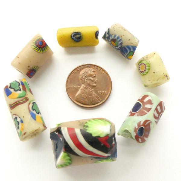 Millefiori Antique Venetian Trade Beads, Collector Set of Very Early Millefiori,  7 Beads