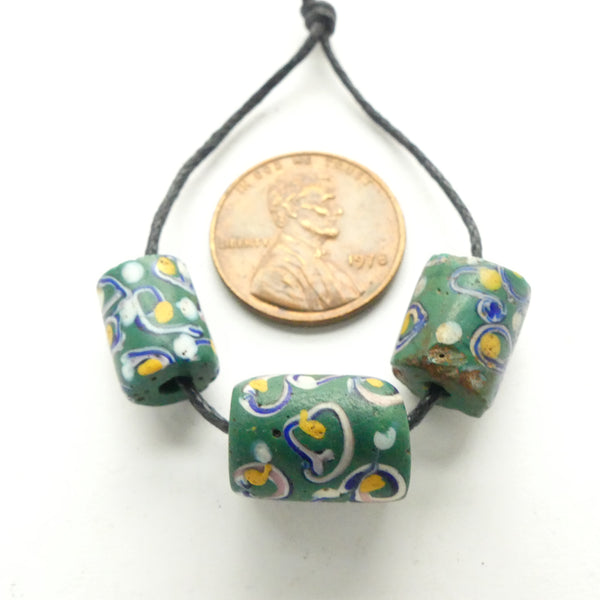 Antique Venetian Lampwork Beads, Green with Amber & White, Set of 3