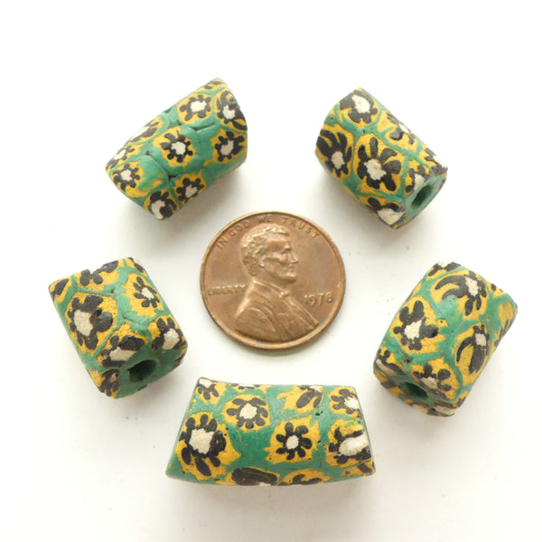 Millefiori Antique Venetian Trade Beads, Rare Green Core Set of 5 Beads,
