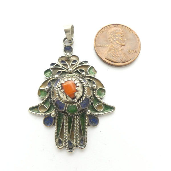 Moroccan Silver Enameled Vintage Hand Pendant with Coral, 45mmLong with Loop