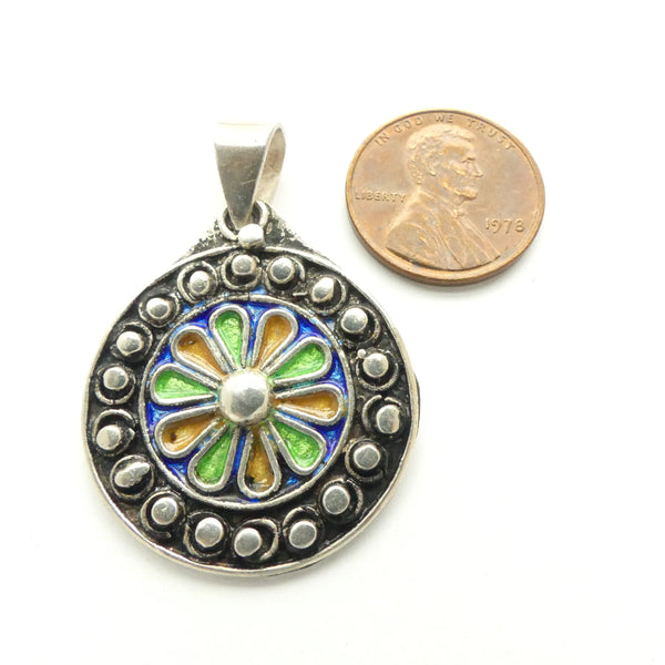 Moroccan Silver Enameled Round Pendant, 27mm Diameter