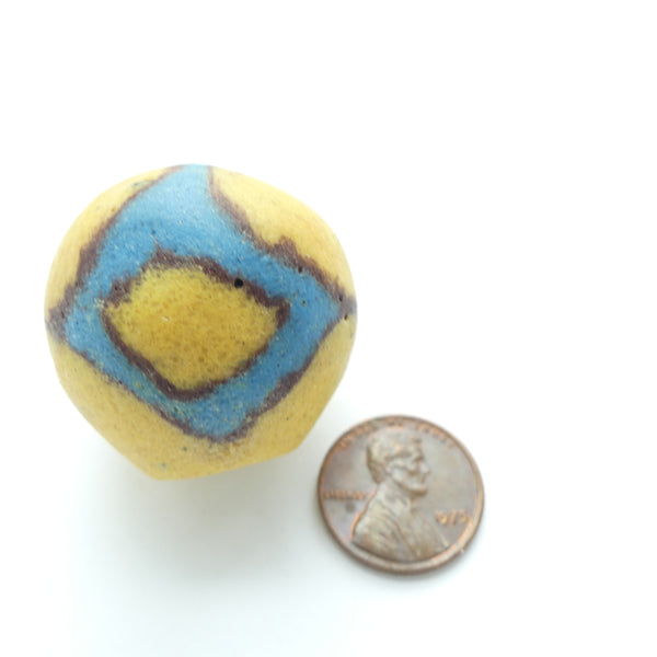 Powderglass "Bodom" Style Bead,  Large Round with Blue Diamonds, 32mm Diameter