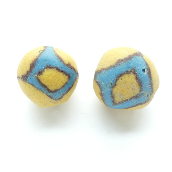 Powderglass "Bodom" Style Bead,  Large Round with Blue Diamonds, 32mm Diameter