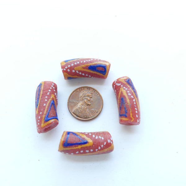Krobo Powderglass Tubes, Red with Multicolor Designs, 25x10mm. Sets of 4