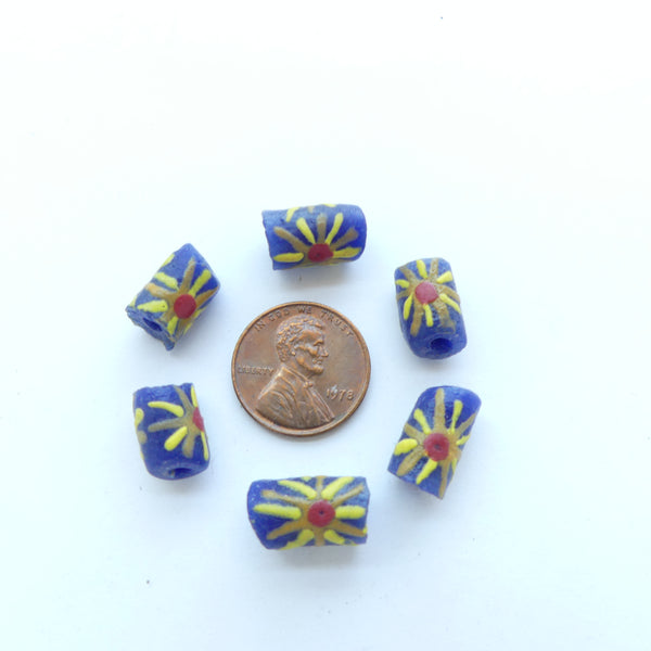 Krobo Powderglass Blue Short Cylinders, 15x9mm with Multi-color Designs, Sets of 6