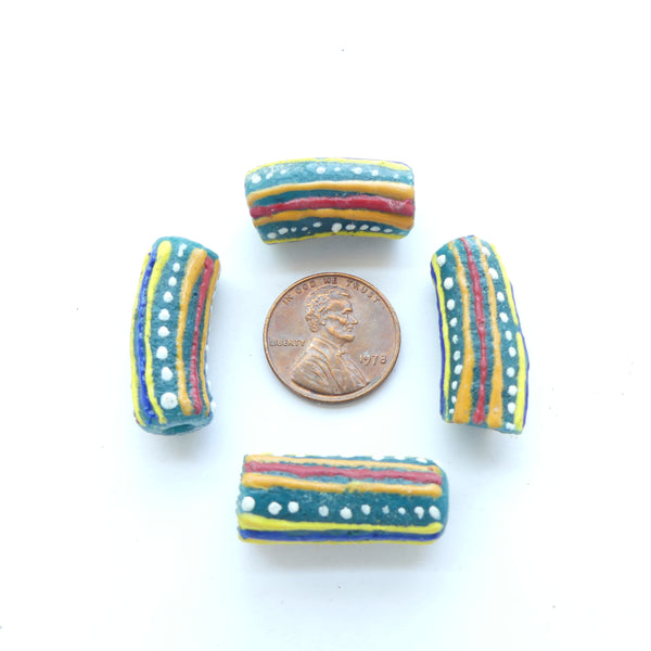 Krobo Powderglass Curved Tubes, Blue with Multi-Colors Designs, 22x10mm, Sets of 4