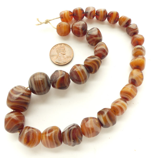 Bohemian Antique "Agate" Glass, Short Graduated Strand of Beads 10-16mm Diameter