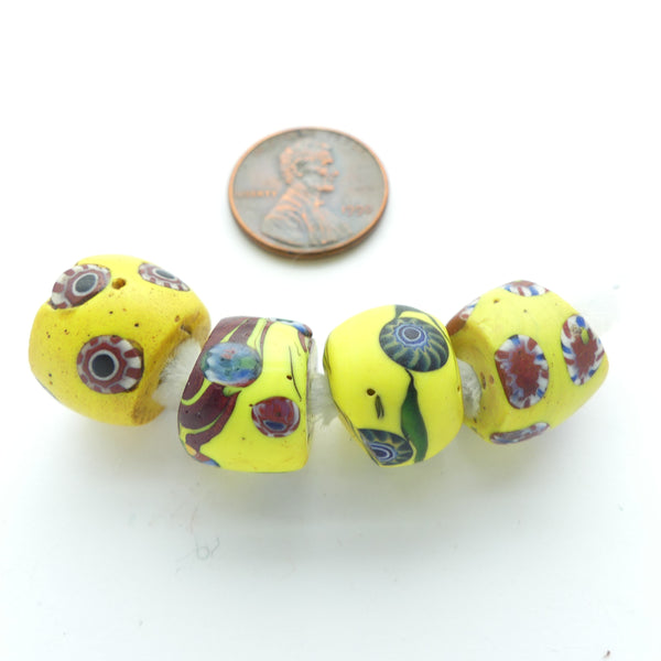 Millefiori Antique Venetian Trade Beads, Oblates 3 Different Patterns, Set of 4