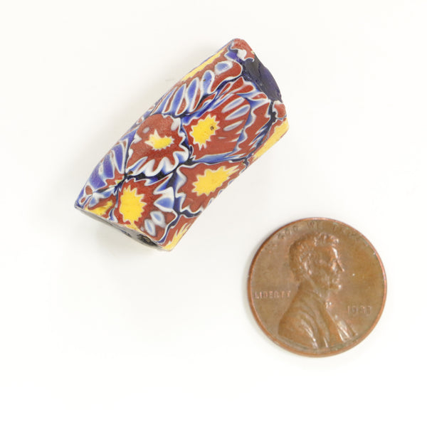 Millefiori Antique Venetian Trade Bead, Short Elbow with Chevron Pattern & Amber, 30x14mm