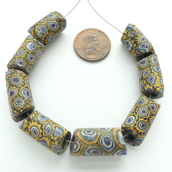 Millefiori, Antique Venetian Trade Beads, Blue, Amber & White Chevron Murrine, 20x10mm