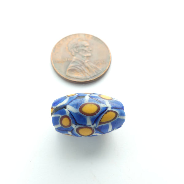 Millefiori, Antique Venetian Trade Beads, Rare Larger Olive Shape, Blue/Amber, 16x10mm