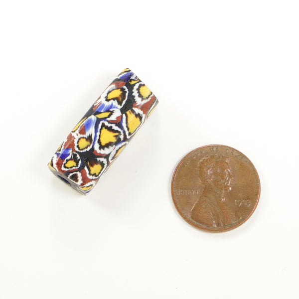 Millefiori Antique Venetian Trade Bead, Amber, Brick, White, Navy, 26x10mm