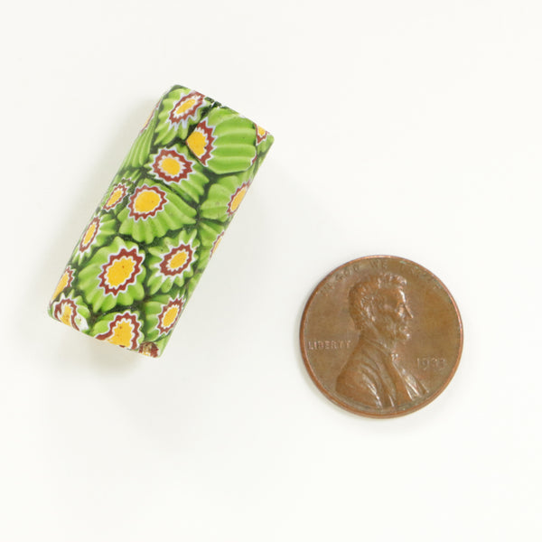 Millefiori Antique Venetian Trade Bead, Green Chevron Pattern with Amber, 30x14mm