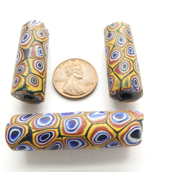 Millefiori Antique Venetian Trade Beads, Matched Set of 3 Beads, Largest 42x12mm