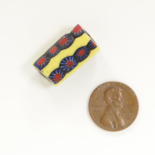 Millefiori Antique Venetian Trade Bead, Bright Yellow with White & Blue Starburst, 22x9mm