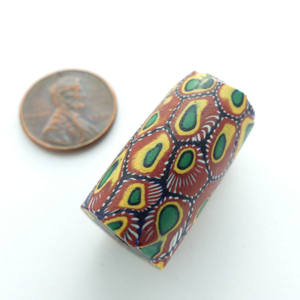 Millefiori Trade Bead, Detailed Complex Design in Brick, Amber & Green, 27x15mm