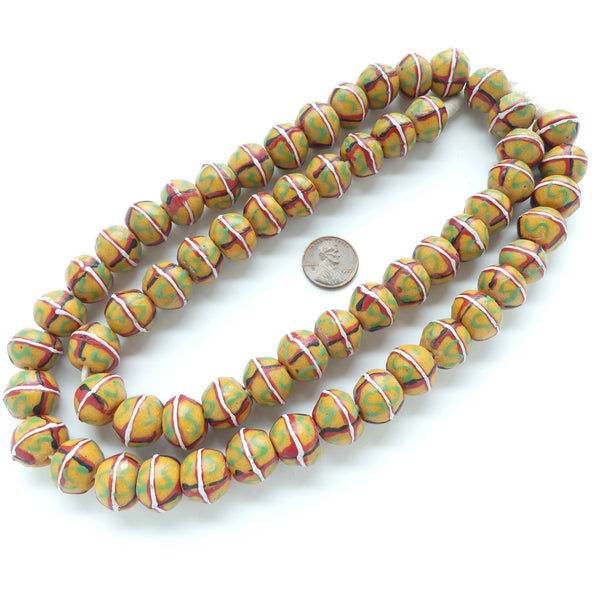 Powderglass King Beads, Amber with Multicolor Designs, 14x17mm on 32-inch Strands