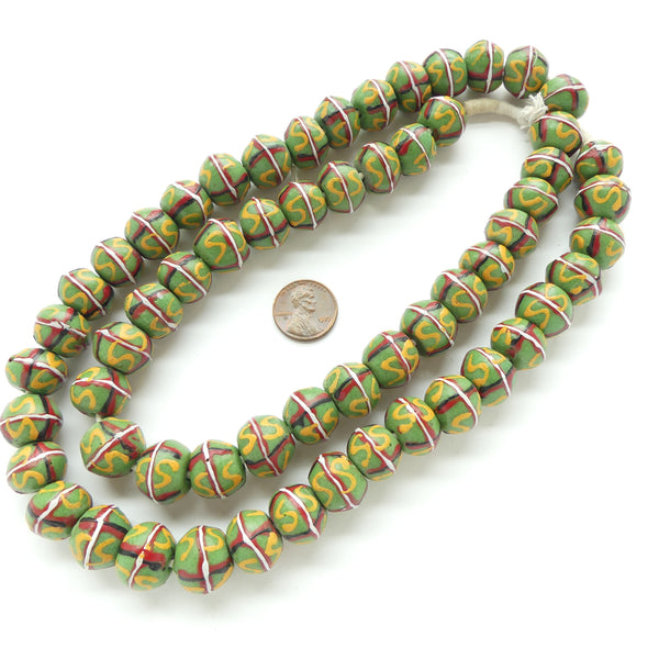 Powderglass King Beads, Green with Multi-Color Designs, 14x16mm on 32-inch Strands