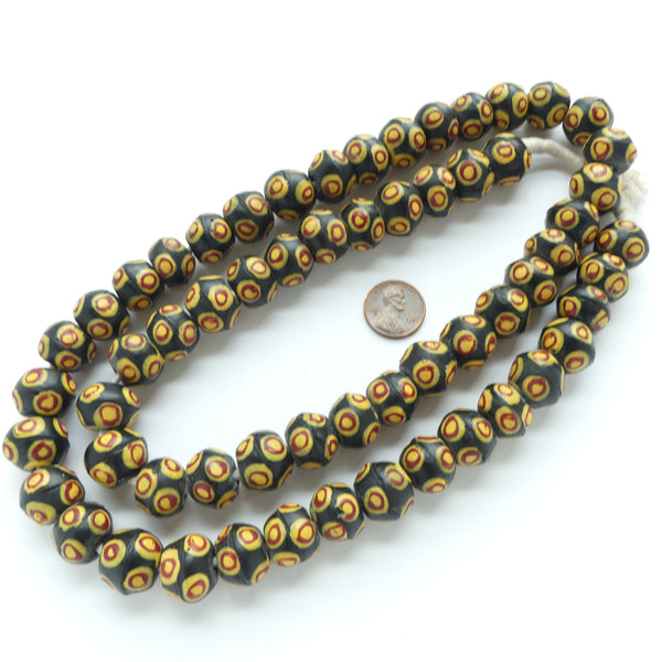 Powderglass King Beads, Black with Amber & Red, 13x16mm on Extra Long 33-inch Strands