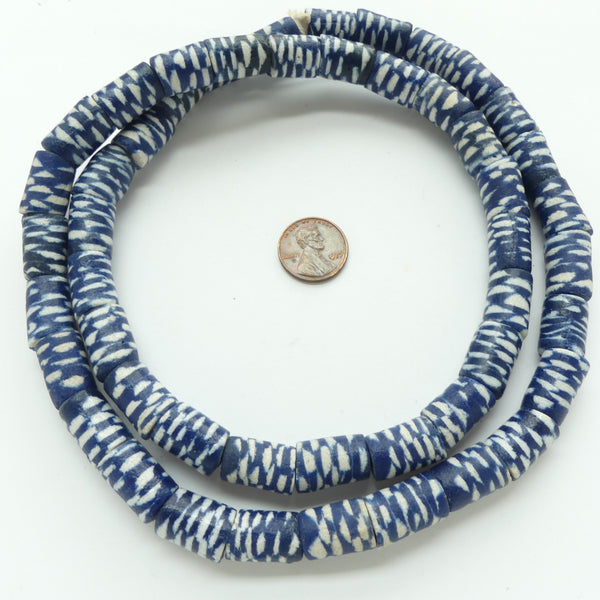 Krobo Powderglass Blue and White Beads 17x12mm on 32-inch Strand
