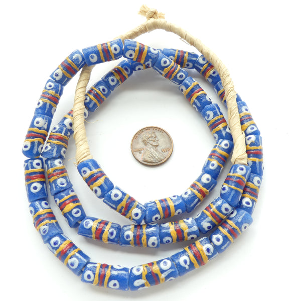 Krobo Powderglass Blue Beads with Multi-color Designs, 18x10mm on 25-inch Strand