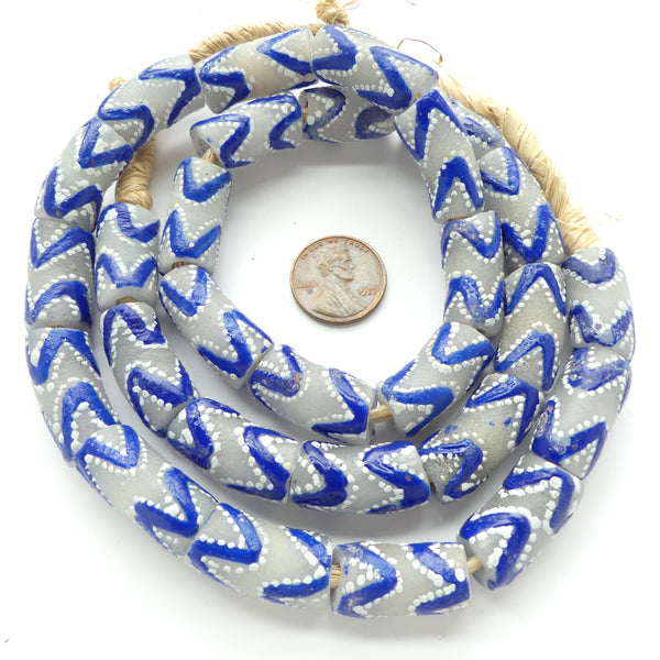 Krobo Powderglass Beads, Coke Bottle Color with Blue and White, 25-inch Strand