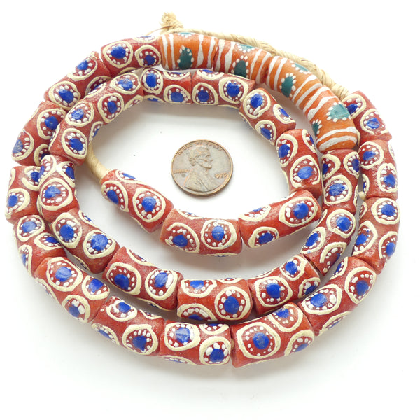 Krobo Powderglass Slightly Curved Cylinders, Orange, 20x10mm on 24-inch Strand