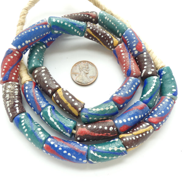Krobo Powderglass Beads, Slightly Curved, Multi-Color 20x10mm on 24-inch Strand