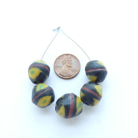 Powderglass King Beads, Black with Red, Amber & Green Designs, Sets of 5 Beads