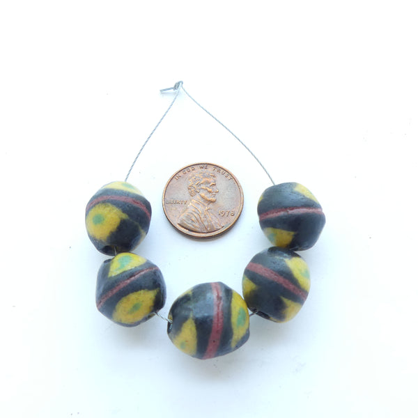 Powderglass King Beads, Black with Red, Amber & Green Designs, Sets of 5 Beads