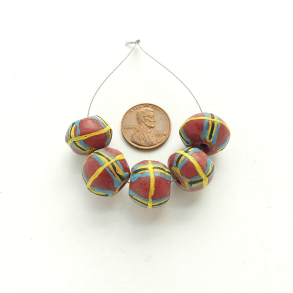 Powderglass King Beads, Brick Red with Multicolor Designs, 12x15mm, Sets of 5