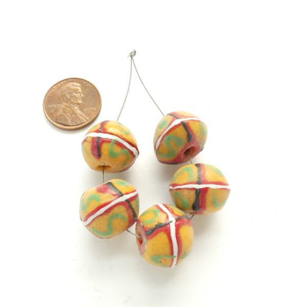 Powderglass King Bead Imitations, Yellow Decorated Bicones 13x15mm, Sold by Sets of 5