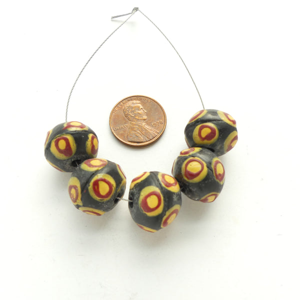 Powderglass King Beads, Black with Yellow & Red Designs, Sets of 5 Beads
