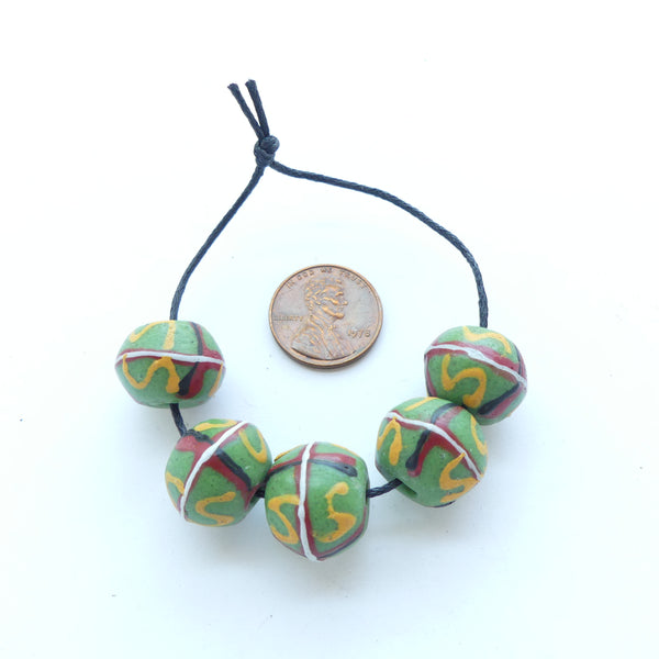 Powderglass King Beads, Green with Multicolor Designs, 14x16mm, Sets of 5