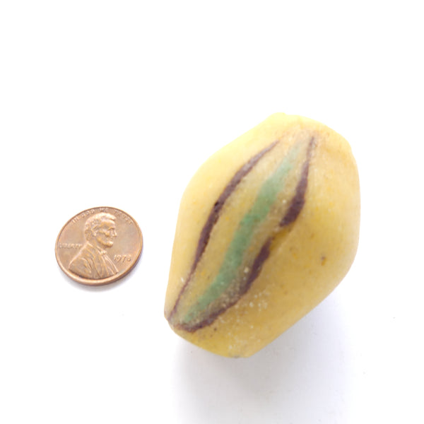 Powderglass, Large Yellow Bead with Green & Brown Stripes, 44mm long