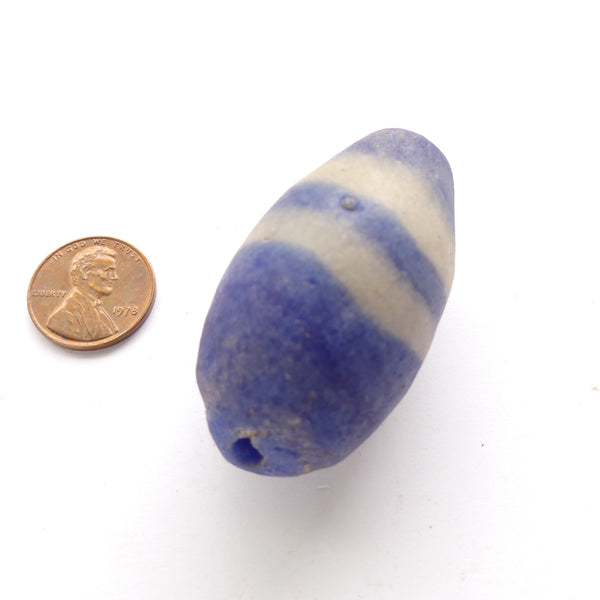 Powderglass, Large Blue and White Oval Beads with White Stripes, 45mm long