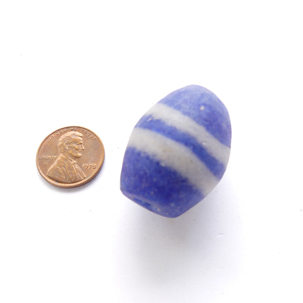 Powderglass, Large Blue Bead with Two White Stripes, 32x24mm