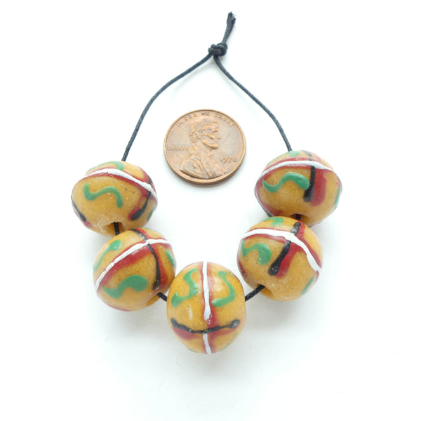 Powderglass King Beads, Yellow with Multi-Color Designs, 14x17mm, Sets of 5 Beads