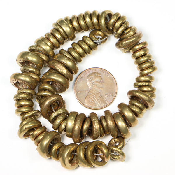 Brass, Antique African Rings, Assorted Diameters and Thicknesses, 10-inch Strand